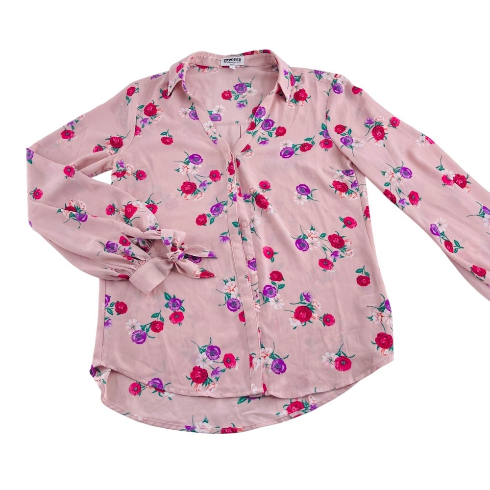 Express Womens‎ Floral Portofino Shirt Slim Fit Pink Polyester Size Small Career